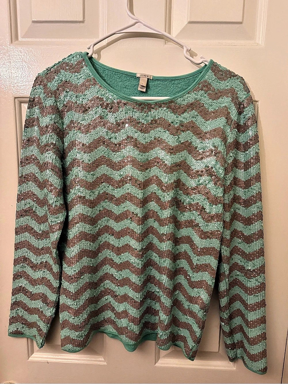 J.Crew Mint Seafoam Taupe Chevron Stripe Sequin Long Sleeve Crewneck Top Sparkly